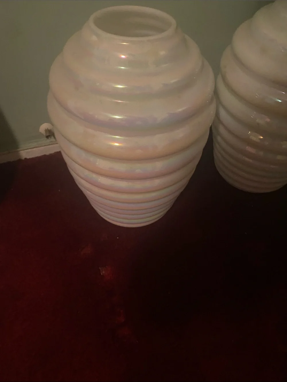 Vintage Iridescent White Ribbed Ceramic Vase Pair - Unbranded